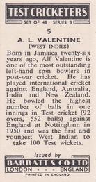 1956 Barratt & Co Test Cricketers Series B #5 Alf Valentine Back