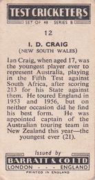 1956 Barratt & Co Test Cricketers Series B #12 Ian Craig Back