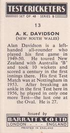 1956 Barratt & Co Test Cricketers Series B #13 Alan Davidson Back