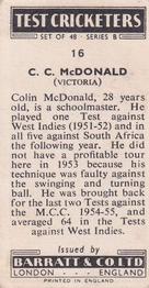 1956 Barratt & Co Test Cricketers Series B #16 Colin McDonald Back