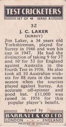 1956 Barratt & Co Test Cricketers Series B #32 Jim Laker Back