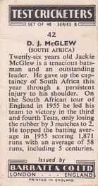 1956 Barratt & Co Test Cricketers Series B #42 Derrick McGlew Back