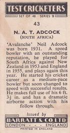 1956 Barratt & Co Test Cricketers Series B #43 Neil Adcock Back