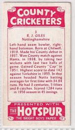 1957 D.C.Thomson County Cricketers (Hotspur) #3 Ron Giles Back