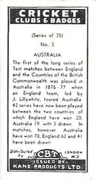 1957 Kane Products Cricket Clubs & Badges #3 Australia Back