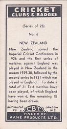 1957 Kane Products Cricket Clubs & Badges #6 New Zealand Back