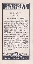 1957 Kane Products Cricket Clubs & Badges #19 Nottinghamshire Back