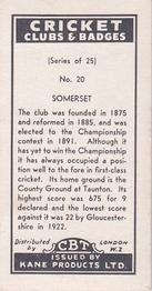 1957 Kane Products Cricket Clubs & Badges #20 Someset Back