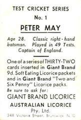 1958 Australian Licorice Test Cricket Series (Blue) #1 Peter May Back