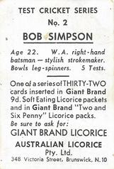 1958 Australian Licorice Test Cricket Series (Blue) #2 Bob Simpson Back
