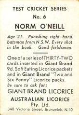 1958 Australian Licorice Test Cricket Series (Blue) #6 Norm O'Neill Back