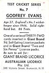 1958 Australian Licorice Test Cricket Series (Blue) #7 Godfrey Evans Back