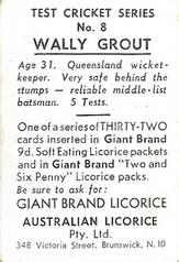 1958 Australian Licorice Test Cricket Series (Blue) #8 Wally Grout Back