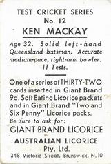1958 Australian Licorice Test Cricket Series (Blue) #12 Ken Mackay Back