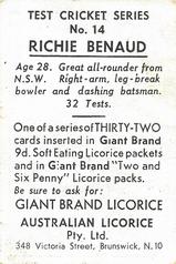 1958 Australian Licorice Test Cricket Series (Blue) #14 Richie Benaud Back