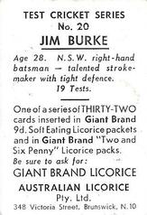 1958 Australian Licorice Test Cricket Series (Blue) #20 Jim Burke Back