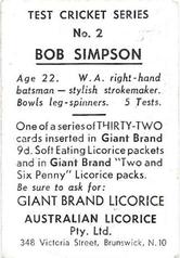 1958 Australian Licorice Test Cricket Series (Green) #2 Bob Simpson Back