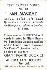 1958 Australian Licorice Test Cricket Series (Green) #12 Ken Mackay Back
