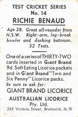 1958 Australian Licorice Test Cricket Series (Green) #14 Richie Benaud Back