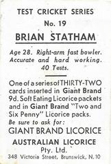 1958 Australian Licorice Test Cricket Series (Green) #19 Brian Statham Back