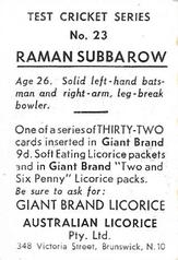 1958 Australian Licorice Test Cricket Series (Green) #23 Raman Subba Row Back