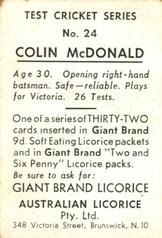 1958 Australian Licorice Test Cricket Series (Green) #24 Colin McDonald Back