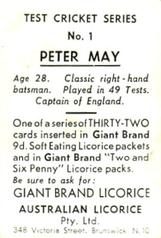 1958 Australian Licorice Test Cricket Series (Orange) #1 Peter May Back