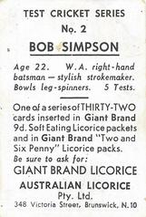 1958 Australian Licorice Test Cricket Series (Orange) #2 Bob Simpson Back