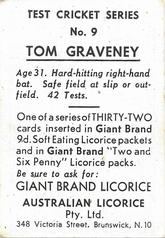 1958 Australian Licorice Test Cricket Series (Orange) #9 Tom Graveney Back