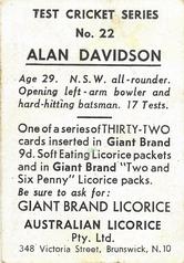 1958 Australian Licorice Test Cricket Series (Orange) #22 Alan Davidson Back