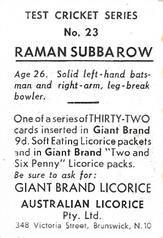 1958 Australian Licorice Test Cricket Series (Orange) #23 Raman Subba Row Back