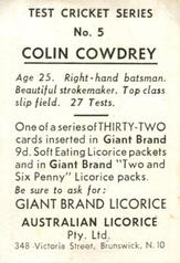 1958 Australian Licorice Test Cricket Series (Red) #5 Colin Cowdrey Back