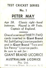 1958 Australian Licorice Test Cricket Series (Yellow) #1 Peter May Back