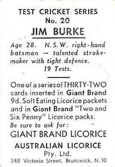 1958 Australian Licorice Test Cricket Series (Yellow) #20 Jim Burke Back