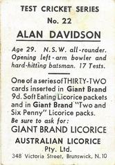 1958 Australian Licorice Test Cricket Series (Yellow) #22 Alan Davidson Back