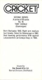 1979 Geo.Bassett Confectionery Cricketers Second Series #16 Tony Cordle Back