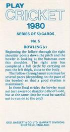 1980 Geo.Bassett Confectionery Play Cricket #5 Bowling (c) Back