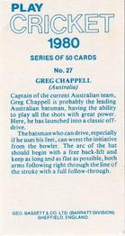 1980 Geo.Bassett Confectionery Play Cricket #27 Greg Chappell Back