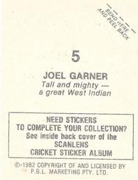 1982 Scanlens Cricket Stickers #5 Joel Garner Back