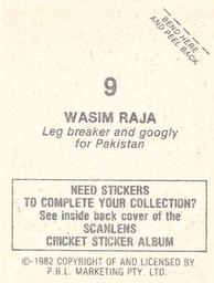 1982 Scanlens Cricket Stickers #9 Wasim Raja Back