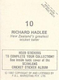 1982 Scanlens Cricket Stickers #10 Richard Hadlee Back