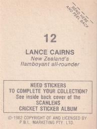 1982 Scanlens Cricket Stickers #12 Lance Cairns Back