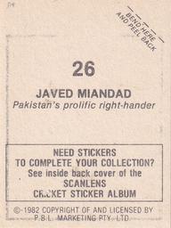 1982 Scanlens Cricket Stickers #26 Javed Miandad Back
