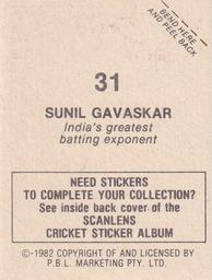 1982 Scanlens Cricket Stickers #31 Sunil Gavaskar Back