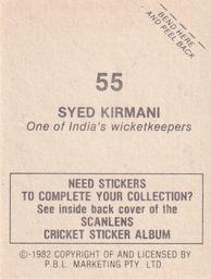 1982 Scanlens Cricket Stickers #55 Syed Kirmani Back