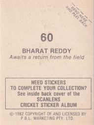 1982 Scanlens Cricket Stickers #60 Bharat Reddy Back