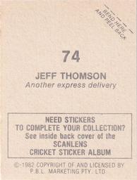 1982 Scanlens Cricket Stickers #74 Jeff Thomson Back