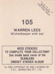 1982 Scanlens Cricket Stickers #105 Warren Lees Back