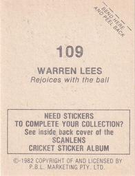 1982 Scanlens Cricket Stickers #109 Warren Lees Back