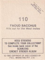 1982 Scanlens Cricket Stickers #110 Faoud Bacchus Back